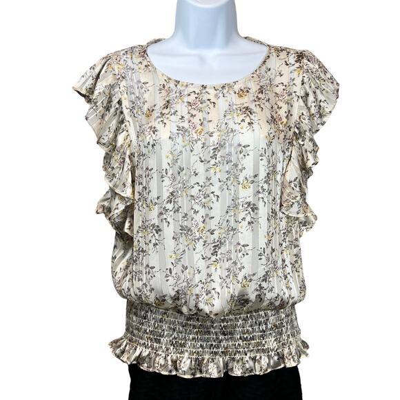 Pleione Floral Blouse Women's Size Medium Sheer Flutter Sleeve Romantic Feminine - Picture 1 of 7